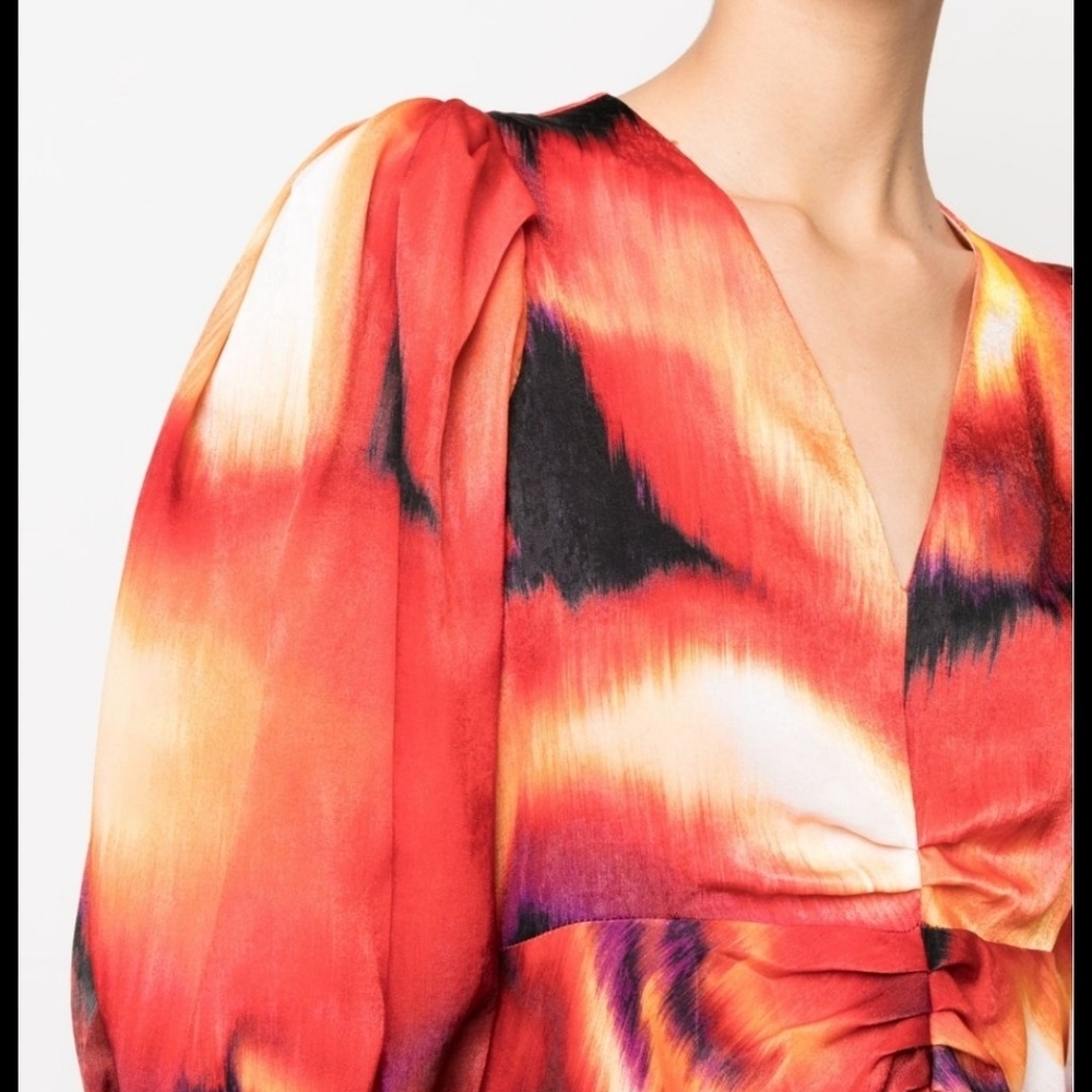 DKNY Printed Satin Midi Dress Red Orange Abstract Puff Sleeve L NWT - Picture 6 of 15